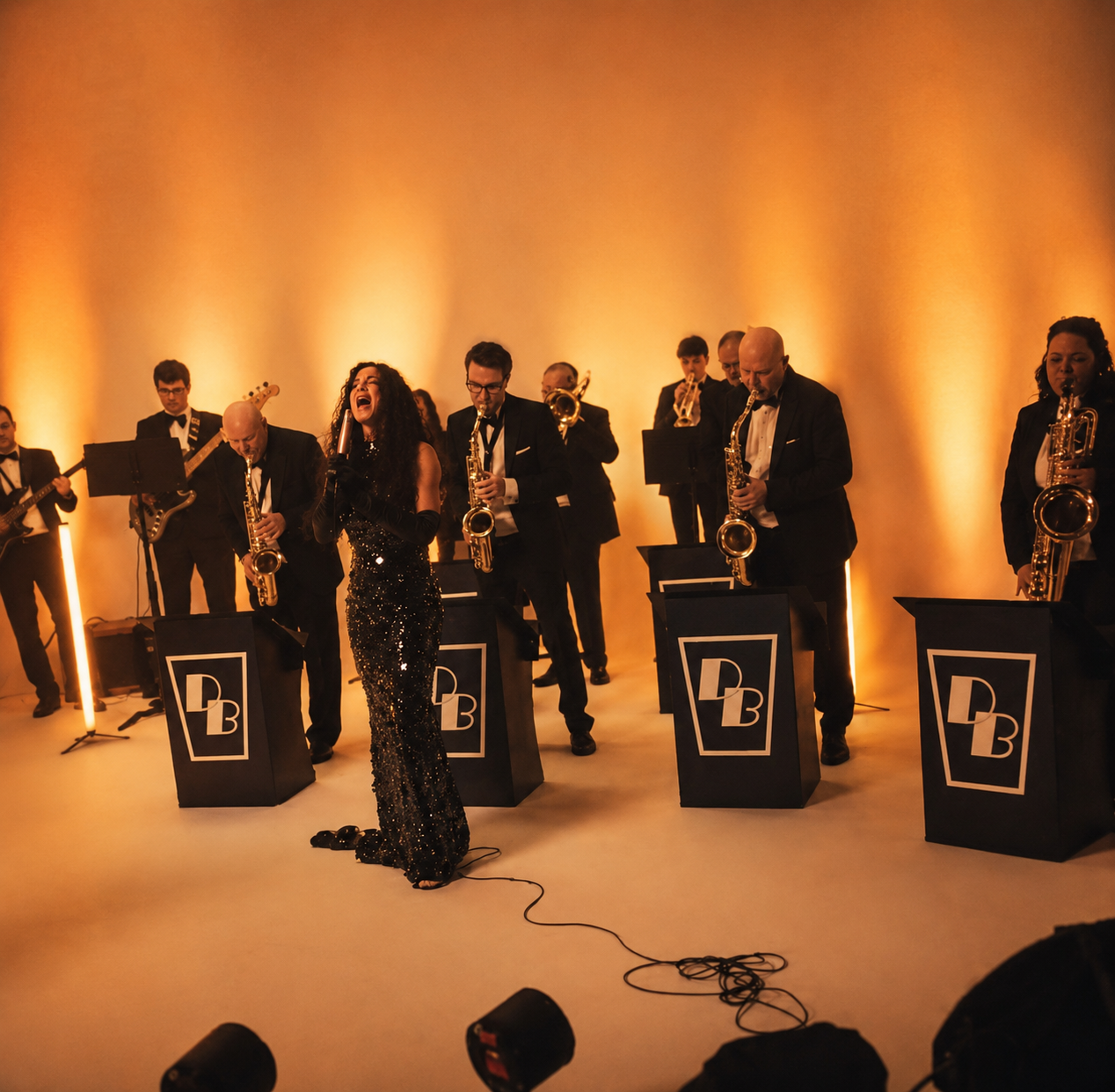 Big band with vocalist under amber stage lighting